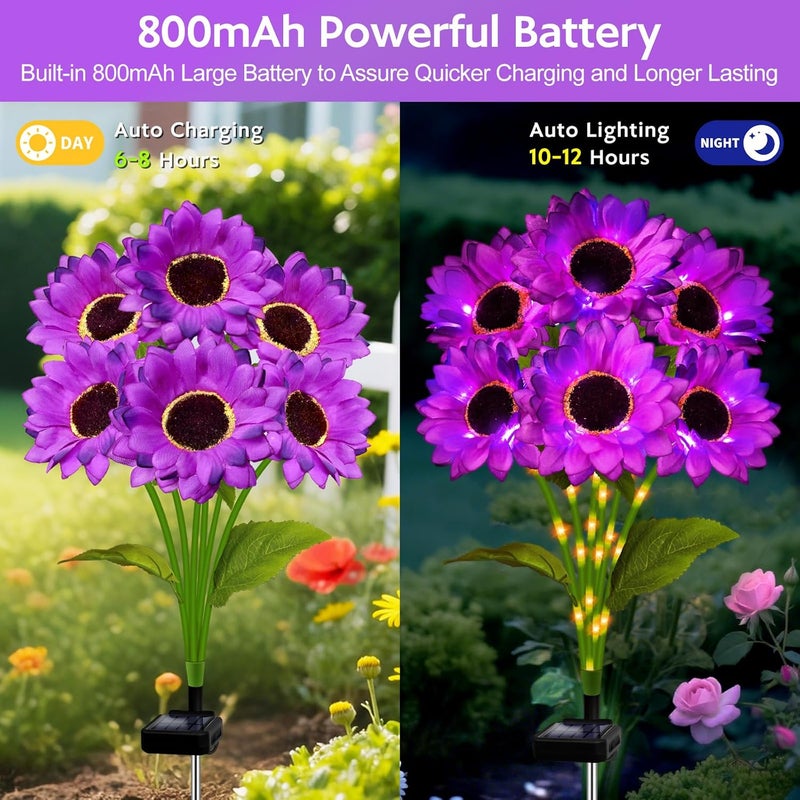 SANDECO Solar Sunflower Lights Outdoor Garden Decor, 6 Pack Solar Purple Flowers Lights with 18 Sunflowers, Waterproof Fall Decor Stake Decorative Light Auto ON/Off for Garden Yard Patio, Gift for Women - Image 3